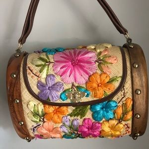 Vintage woven and wood purse